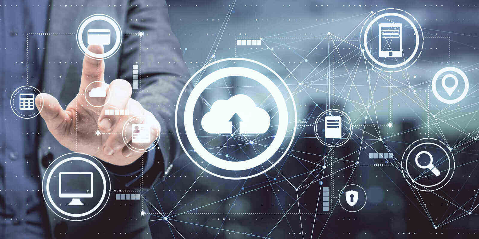 data storage concept with businessman pushes button on touch screen with cloud service icons