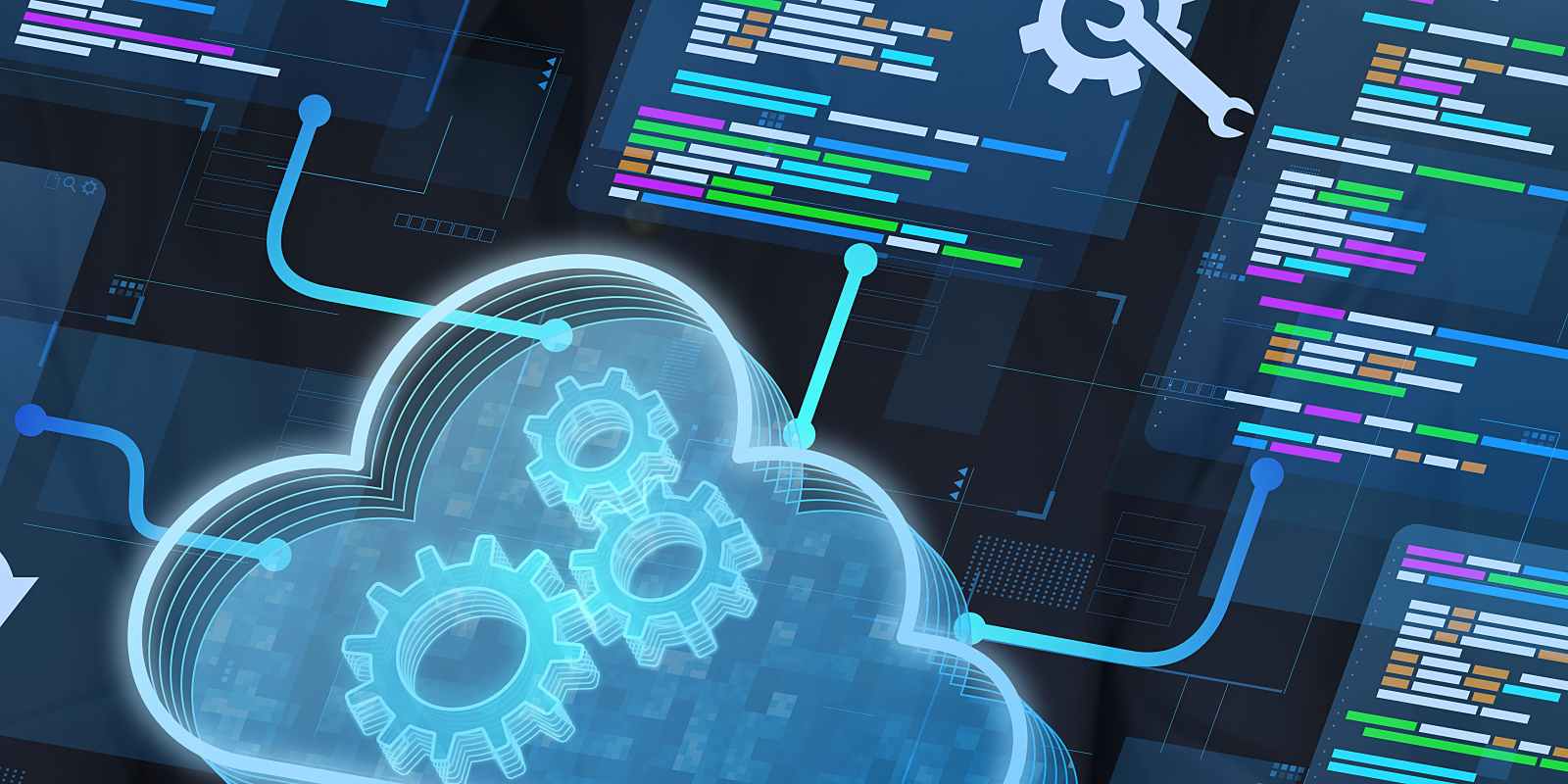 A businessman holding a glowing cloud icon with gears, connected to code, databases, and system settings