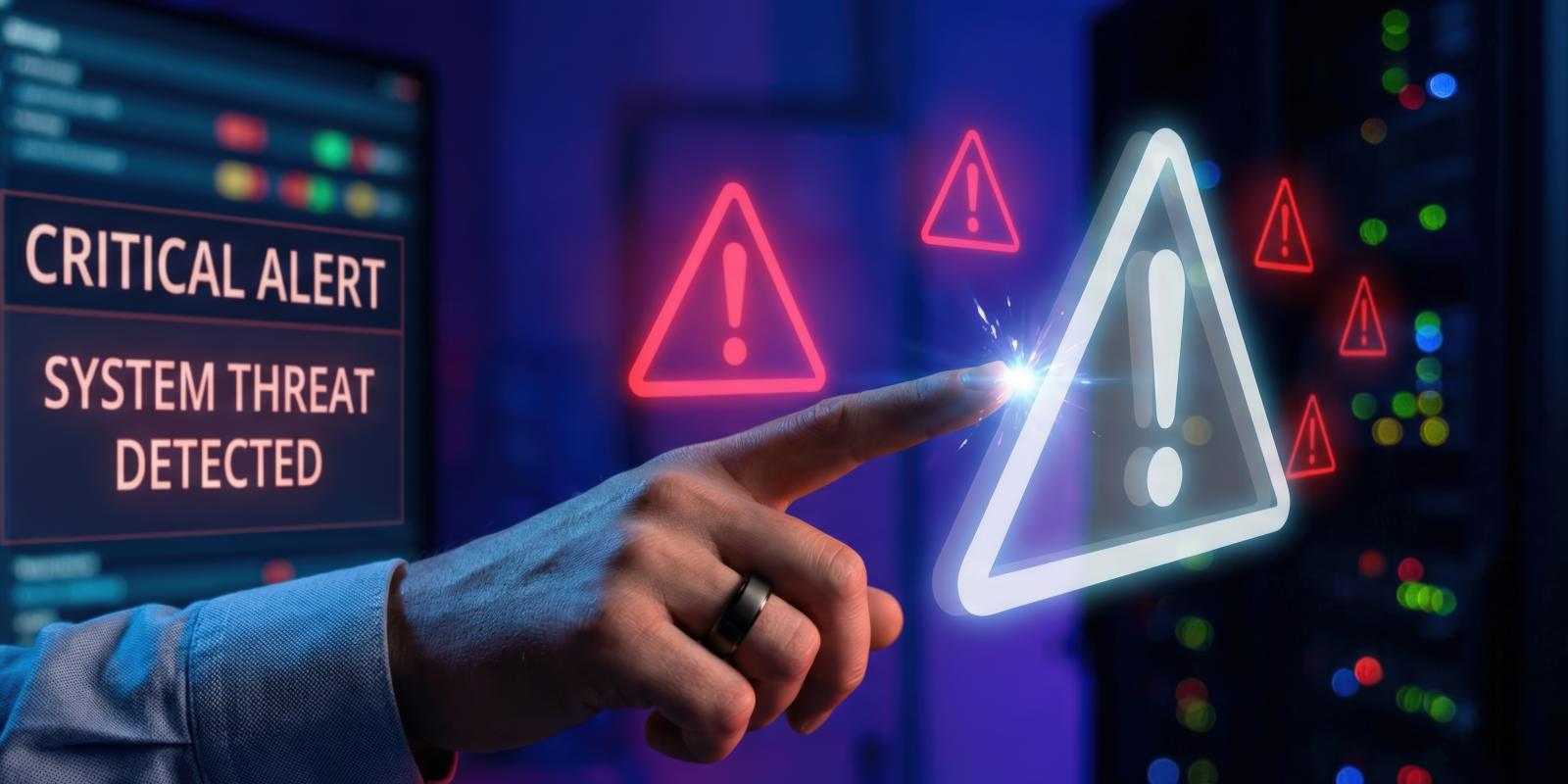 A consultant pointing at glowing warning alert icons with a critical alert system threat detected message representing cybersecurity awareness