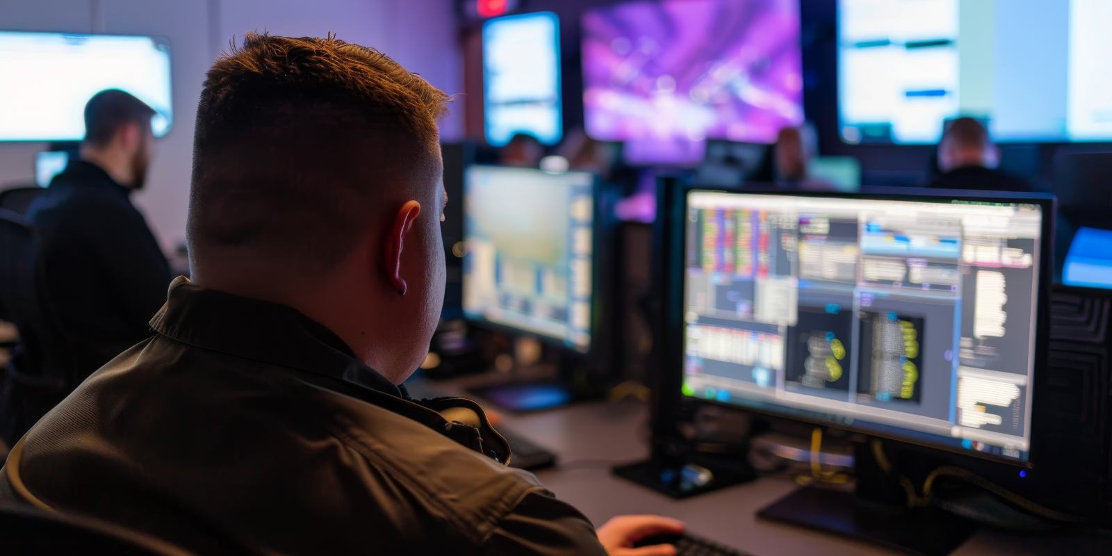 A cyber engineer monitoring multiple screens with system dashboards in an operations center representing active cyber engineering