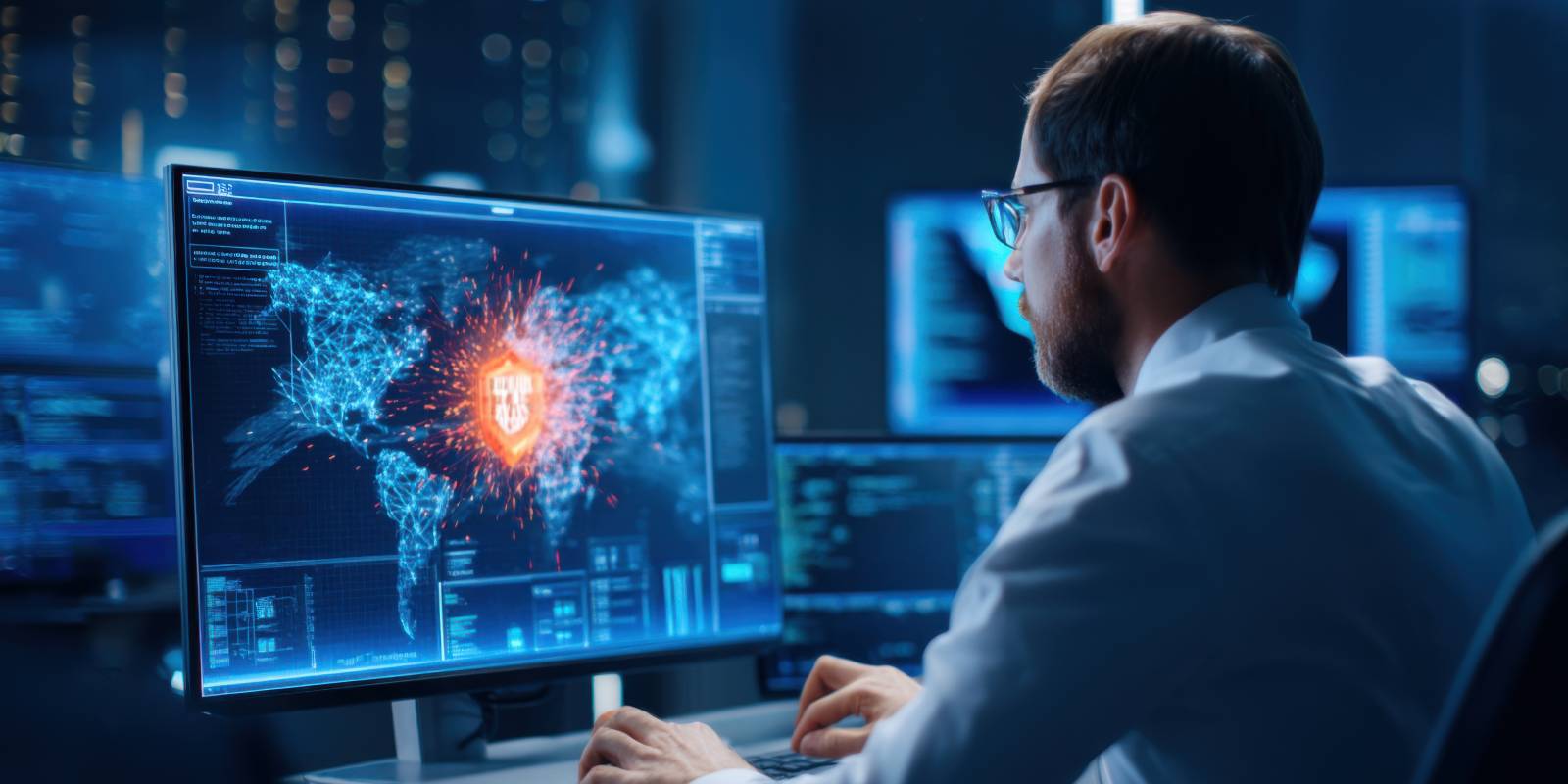 A cybersecurity expert monitors a screen displaying a global threat map with an active shield alert, in a multi-screen security operations environment.