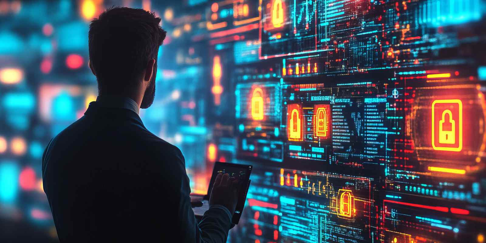 A cybersecurity expert reviewing a large digital wall of glowing security panels and padlock icons representing secure by design principles