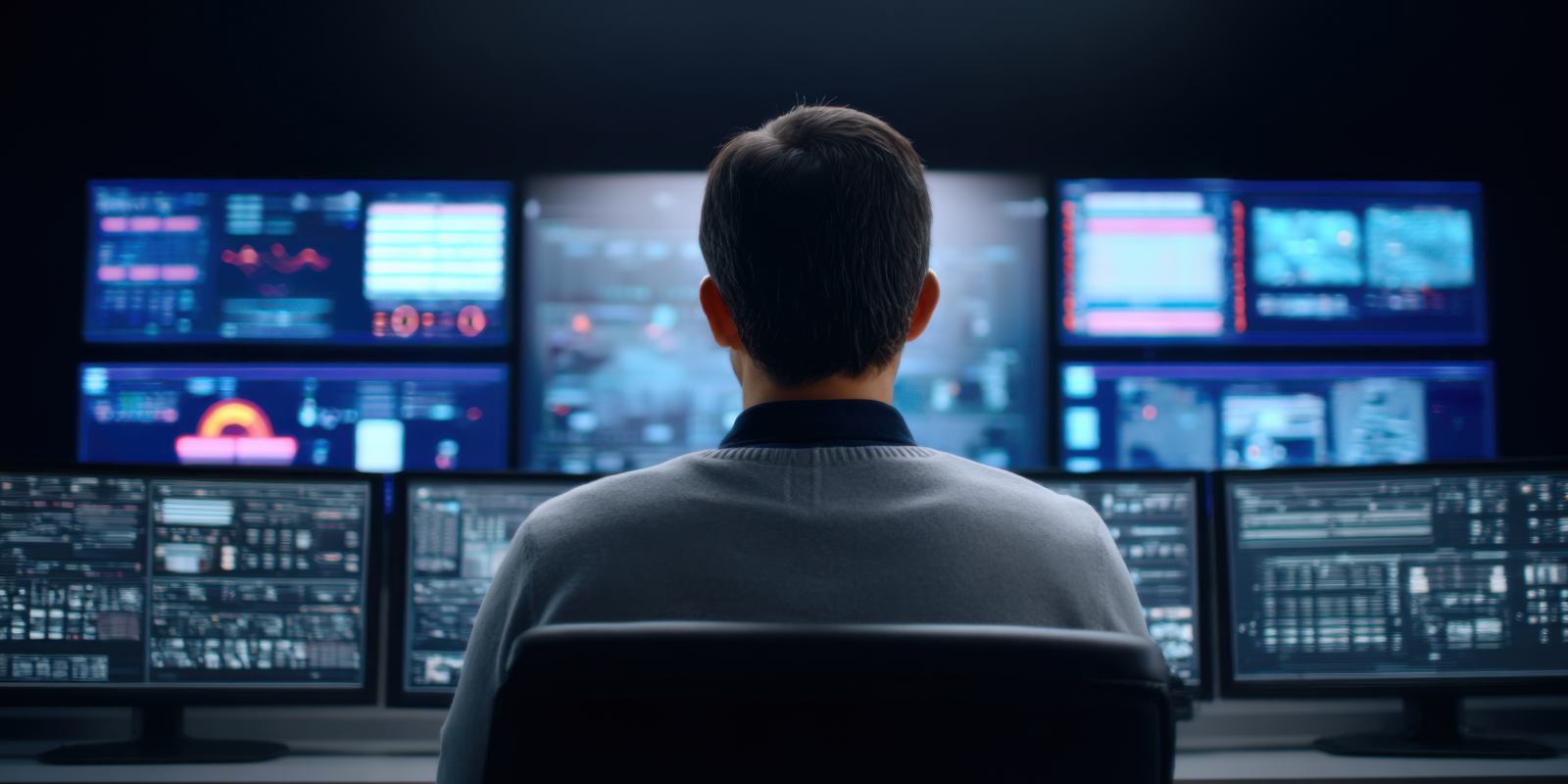 A cybersecurity expert seen from behind monitors multiple screens displaying threat alerts and security dashboards in an operations center