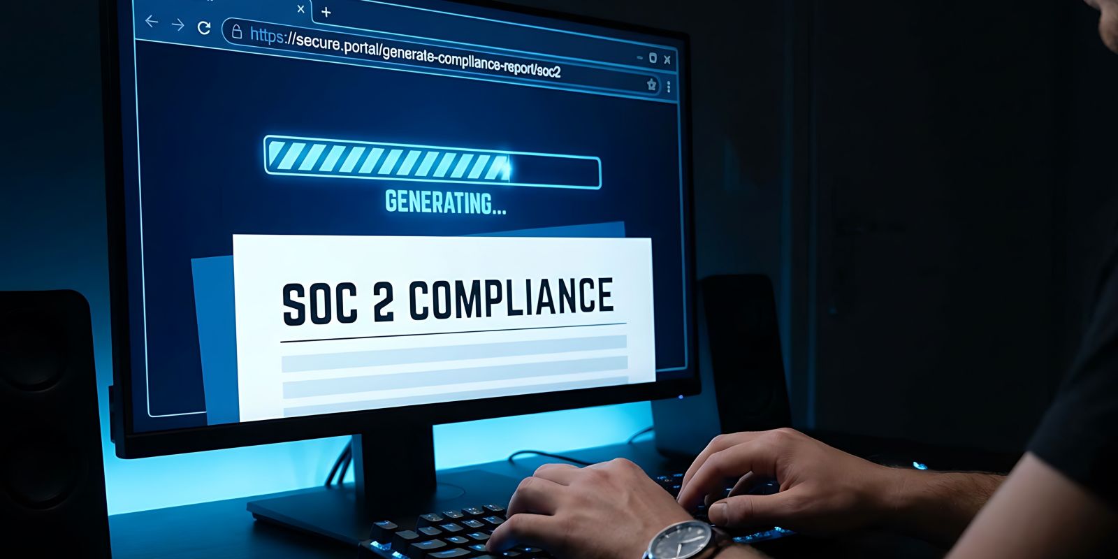 A cybersecurity professional generating a SOC 2 Compliance report on a computer representing professional cybersecurity audit and compliance reporting