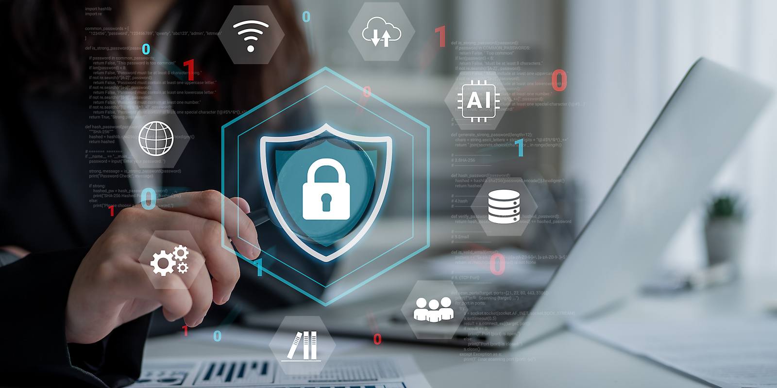 A cybersecurity professional interacting with a digital shield and padlock surrounded by hexagonal icons representing cyber threat protection