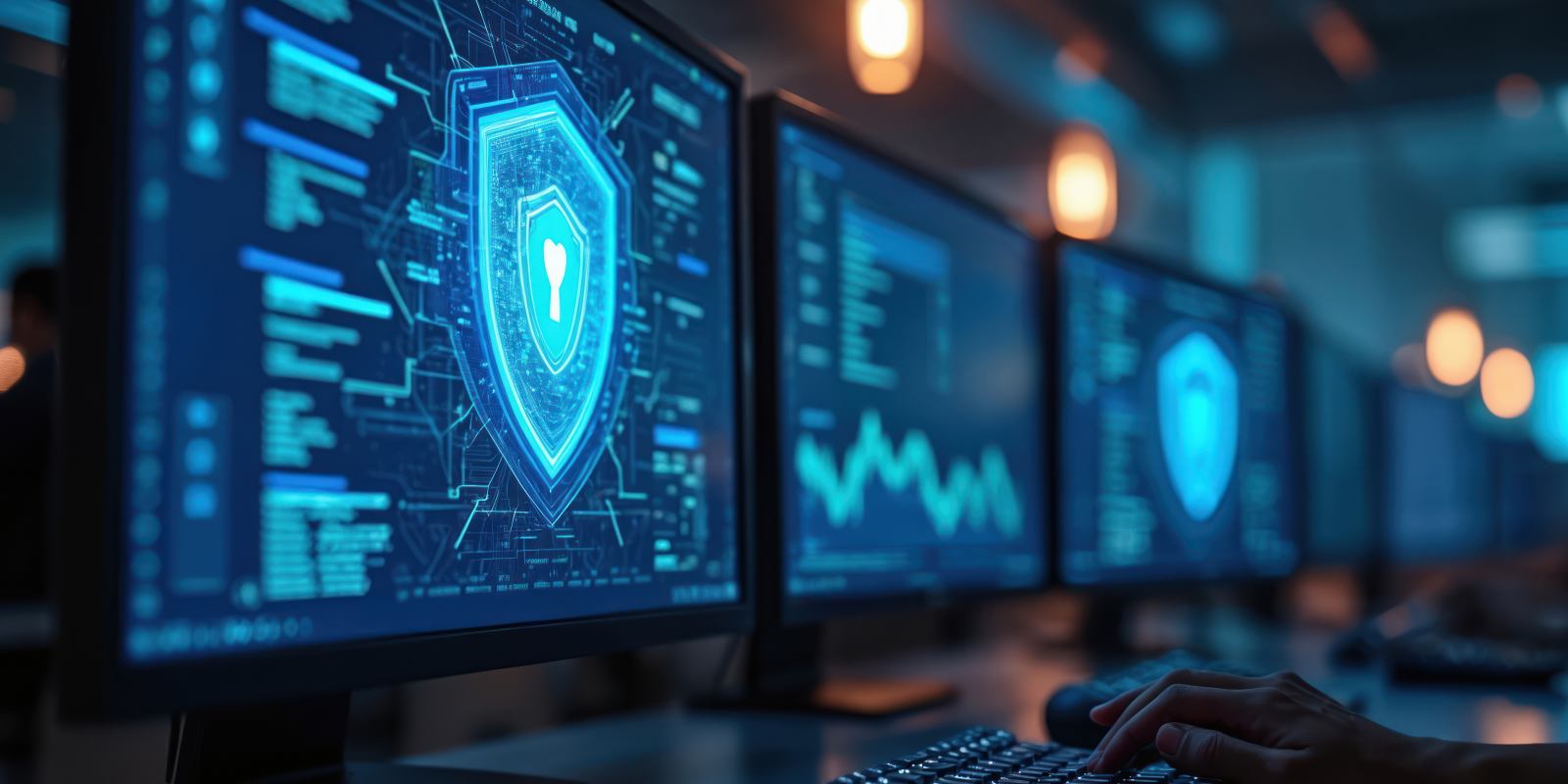 A cybersecurity professional monitoring multiple screens displaying digital shields code and network analytics representing IT vulnerability detection