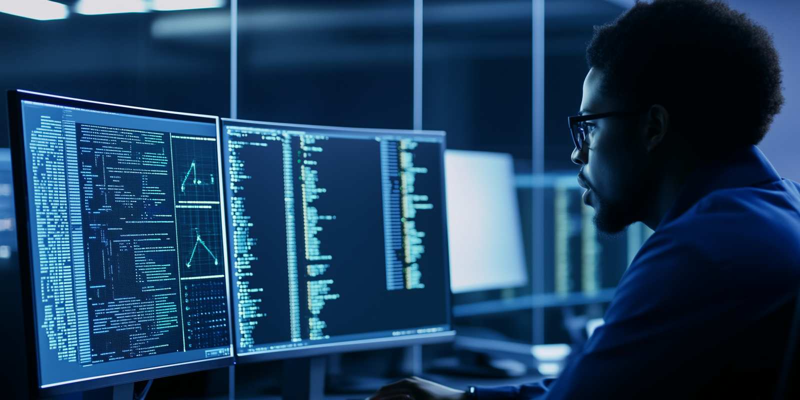 A cybersecurity professional reviews code and data across multiple monitors in a dimly lit operations center.