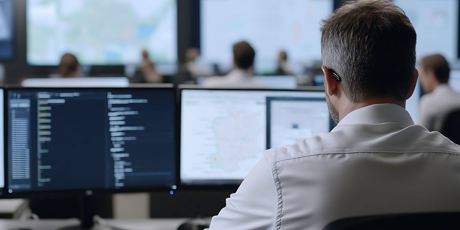 A cybersecurity professional seen from behind monitors multiple screens displaying code logs and a geographic map