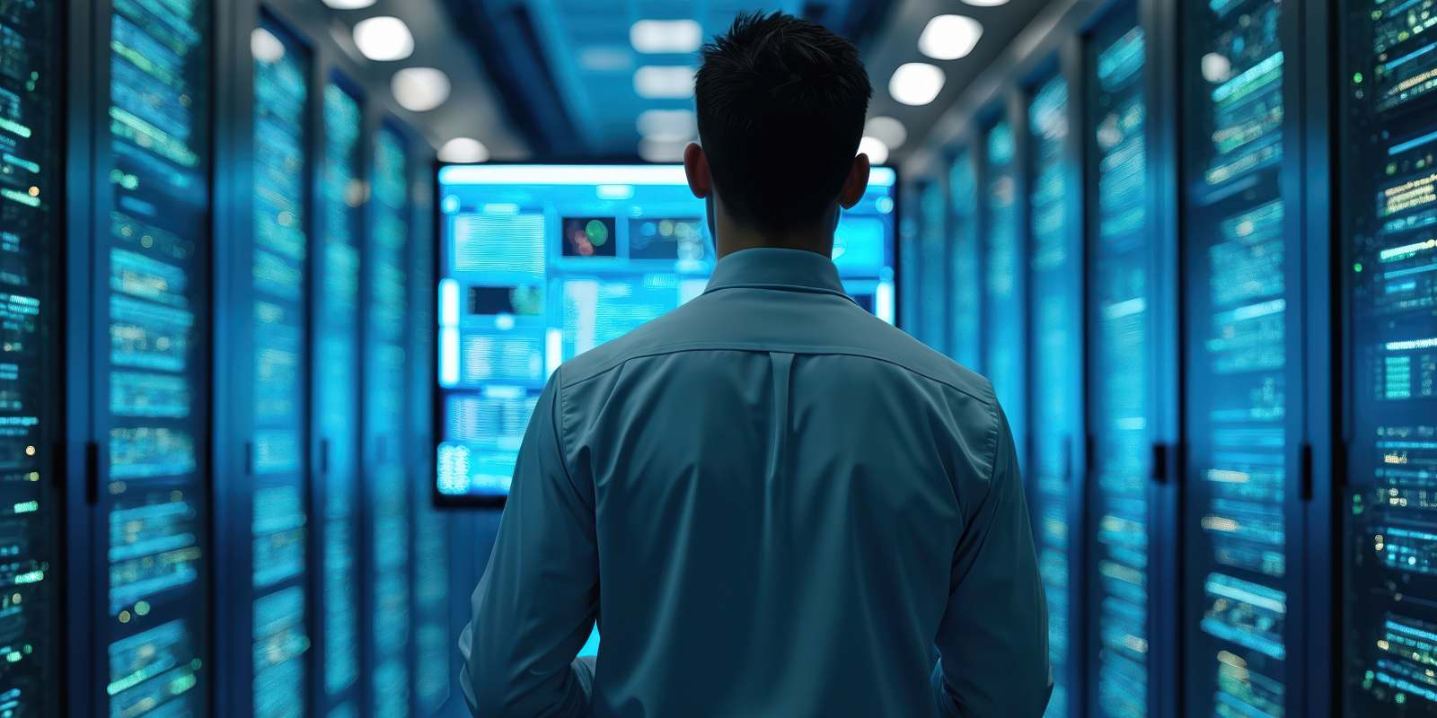 A cybersecurity professional standing in a server room corridor, facing multiple monitoring screens displaying system data