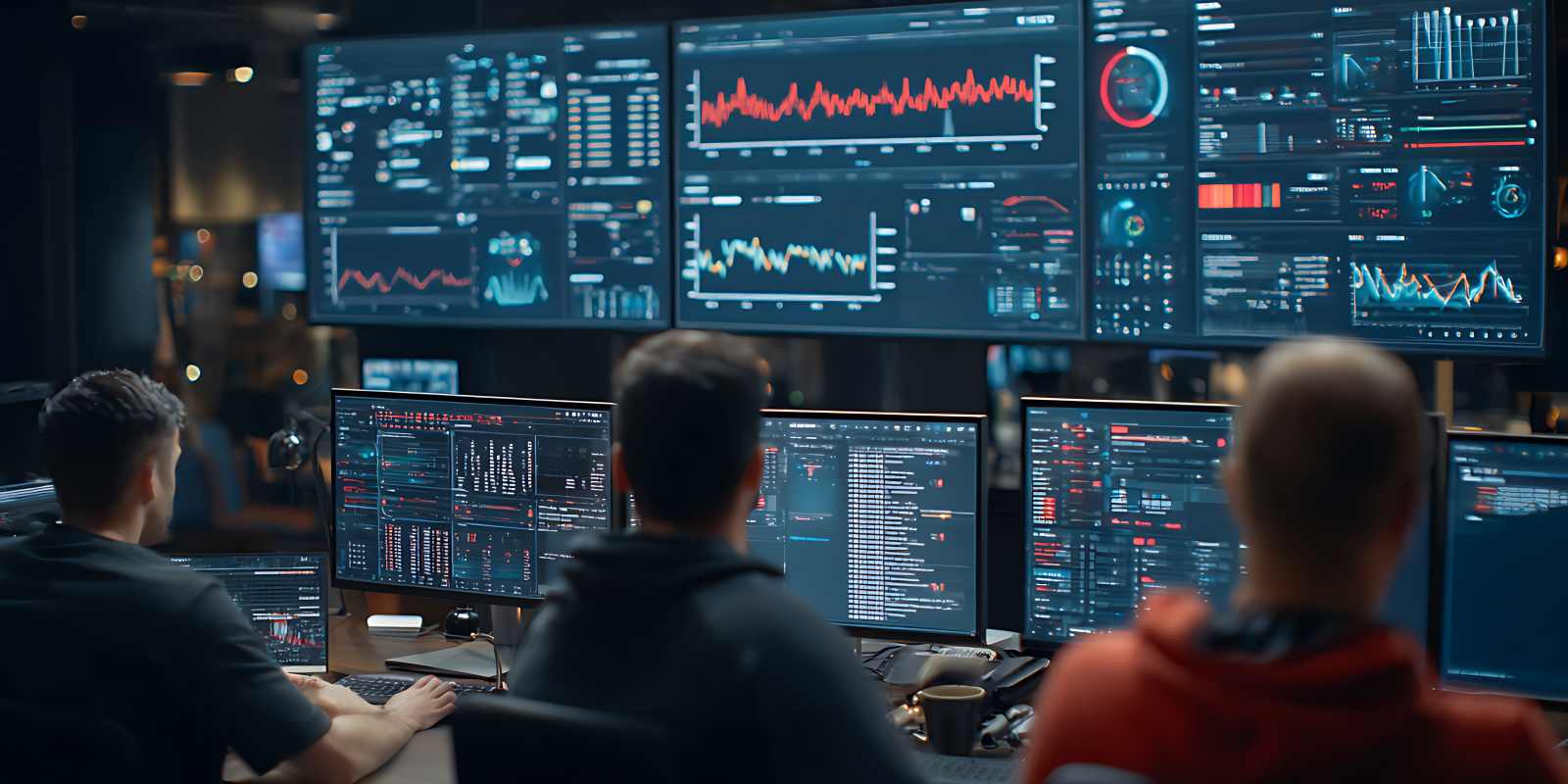 A cybersecurity team monitors real-time threat dashboards and data charts across multiple screens in a security operations center