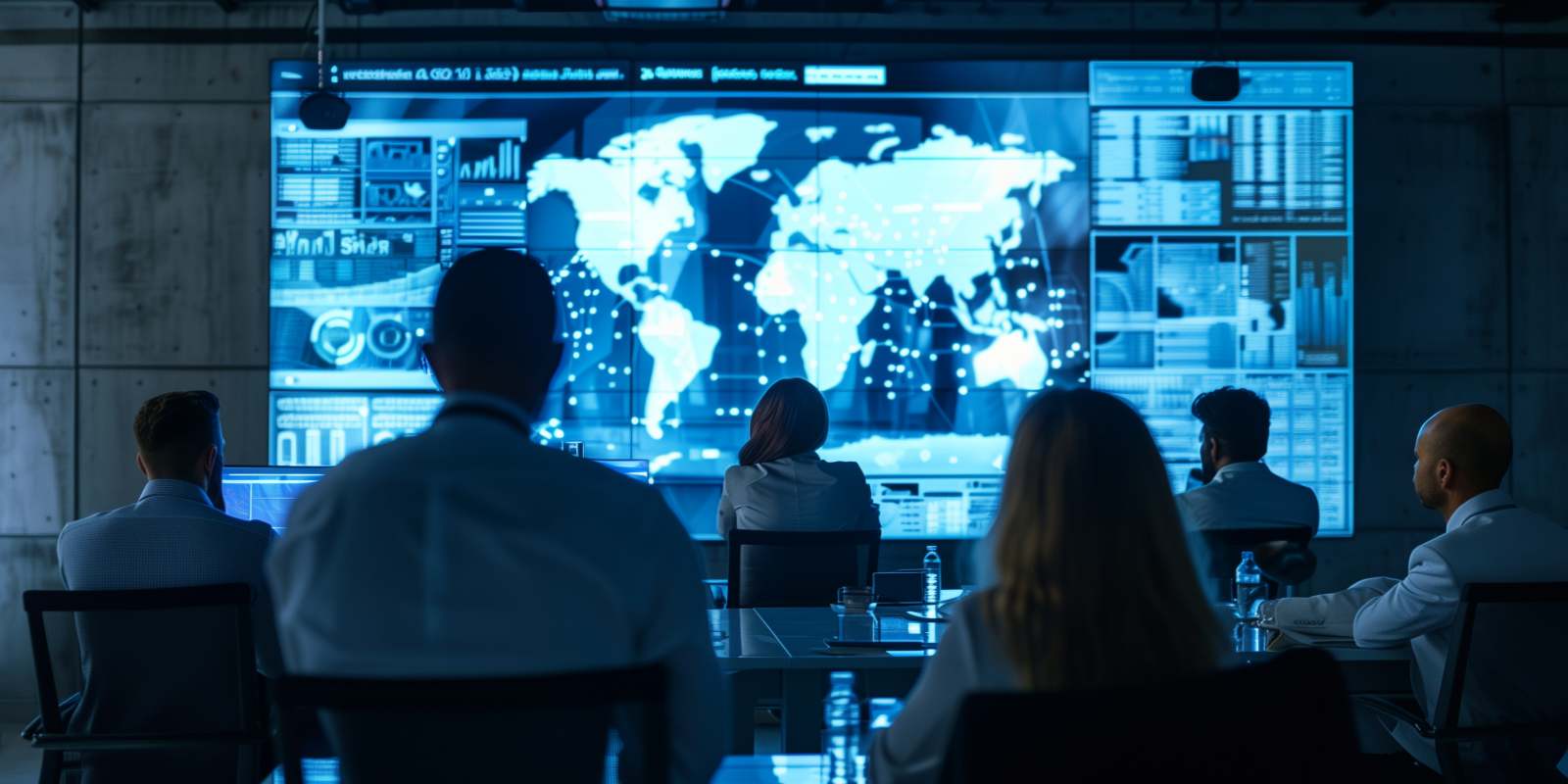 A cybersecurity team reviewing a global threat map and data dashboards on a large screen representing a cybersecurity mock assessment