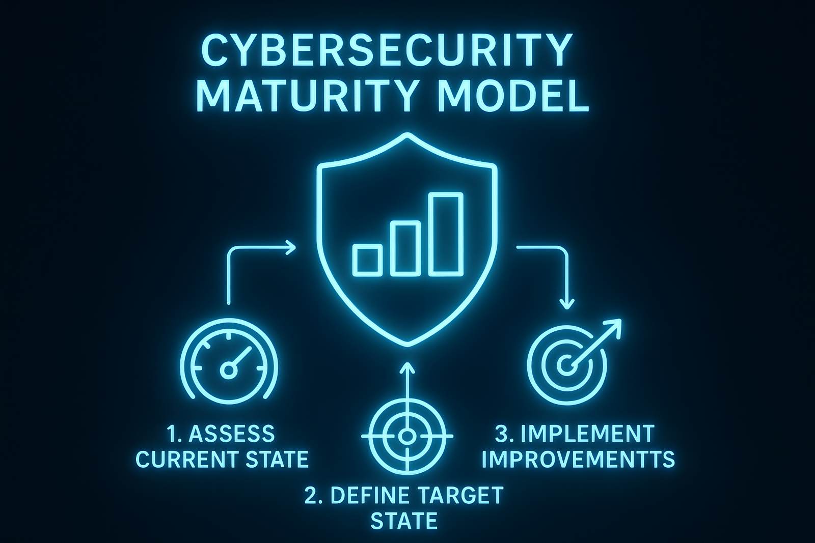 A diagram of the Cybersecurity Maturity Model showing three steps
