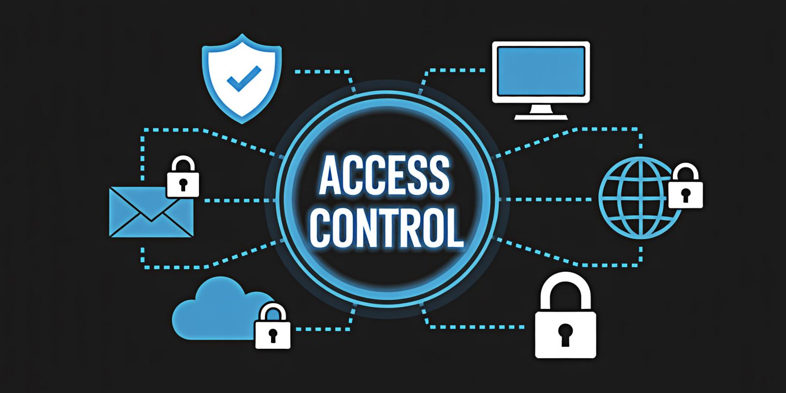 A digital Access Control interface connected to icons for shield email cloud network and padlocks representing cybersecurity access control