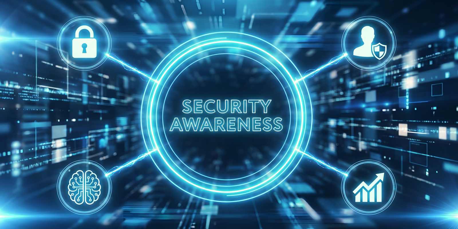 A digital Security Awareness interface connected to icons for padlock user protection AI and analytics representing a comprehensive cybersecurity awareness program