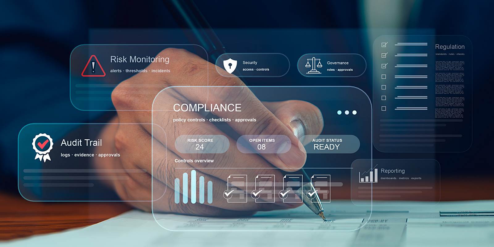 A digital compliance dashboard displaying risk monitoring, audit trail