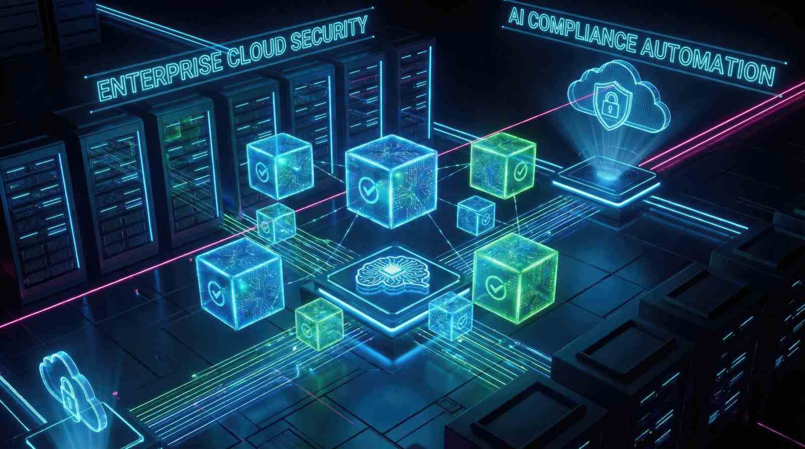 A digital illustration of interconnected secure data blocks in a server environment labeled 'Enterprise Cloud Security