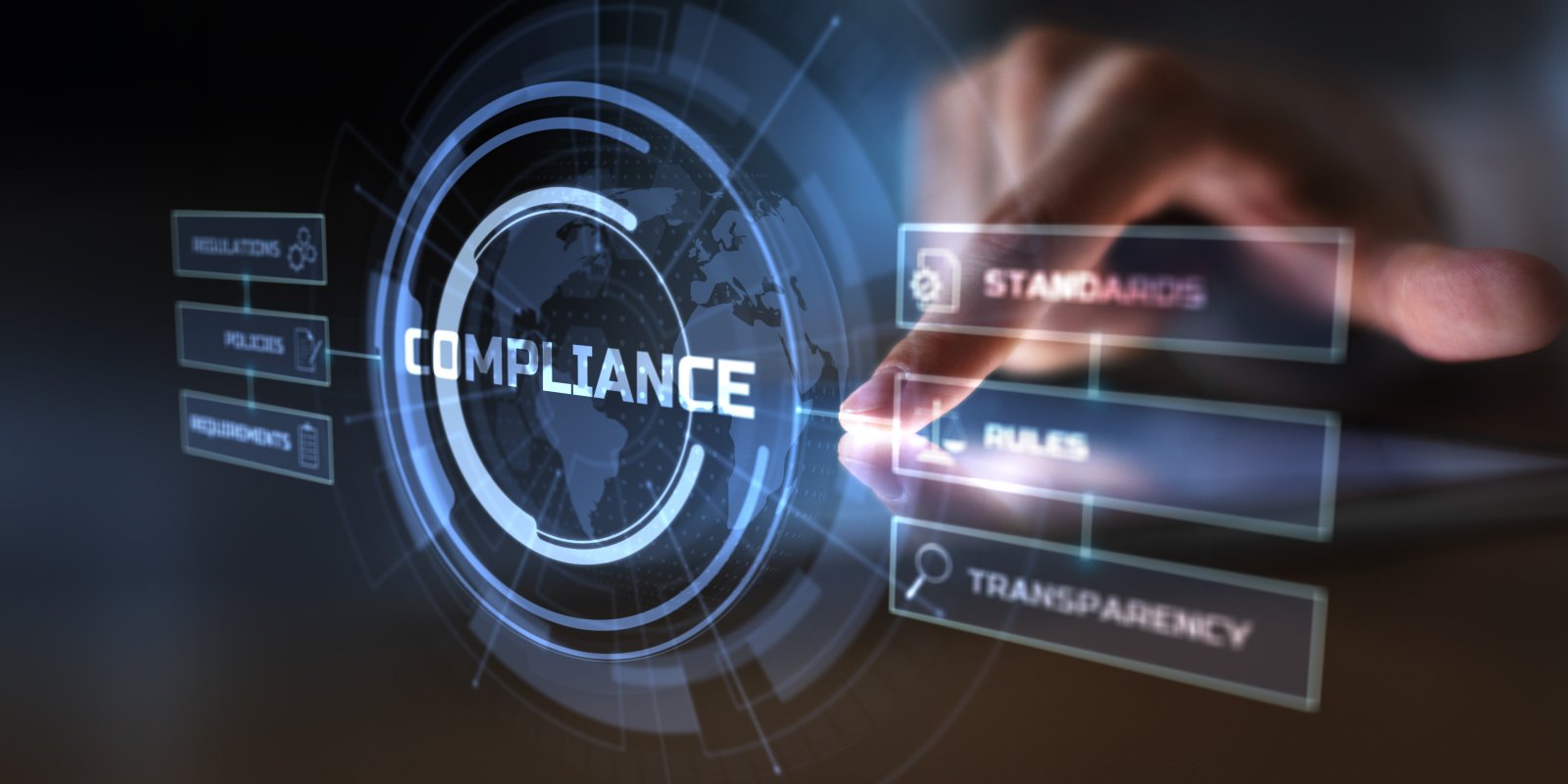 A digital interface centered on the word "Compliance" surrounded by key audit elements including regulations