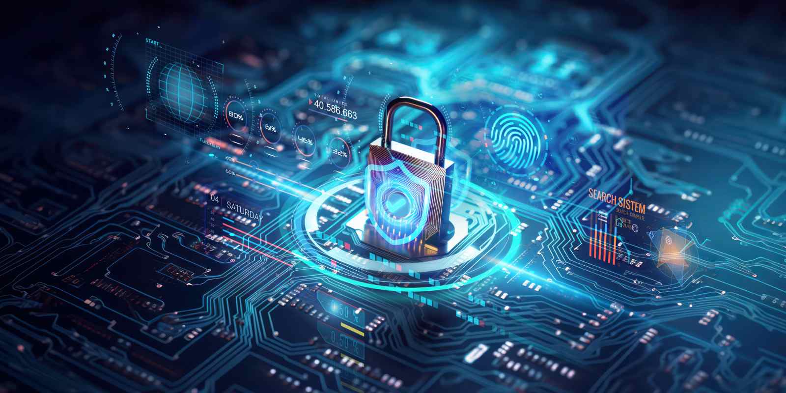 A digital padlock with a shield icon on a glowing circuit board surrounded by security analytics and fingerprint data representing comprehensive cybersecurity protection
