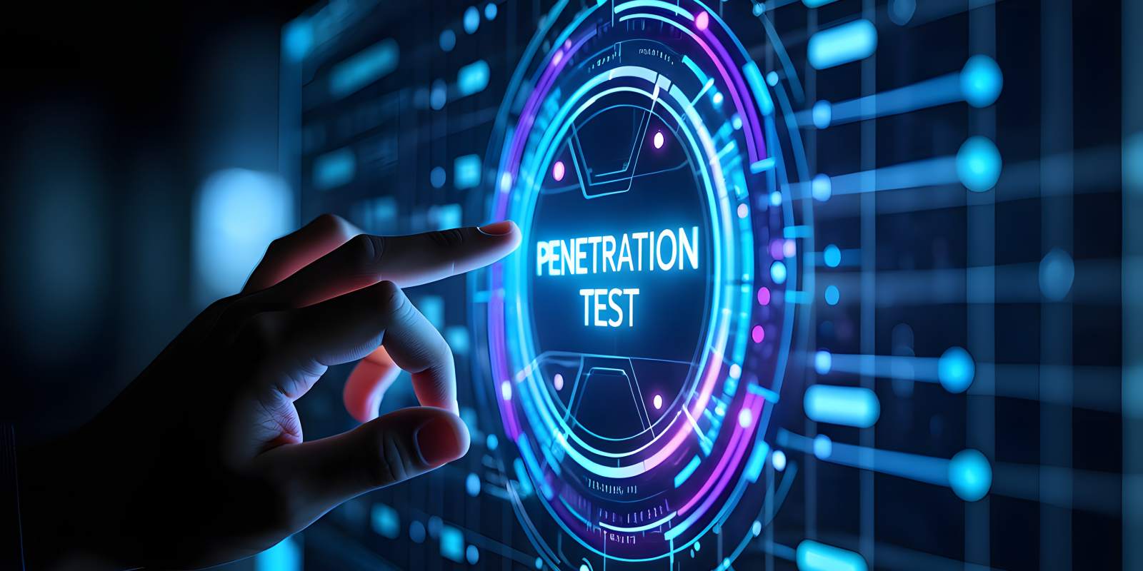 A finger pointing at a glowing digital interface labeled Penetration Test in a server room representing active cybersecurity penetration testing services