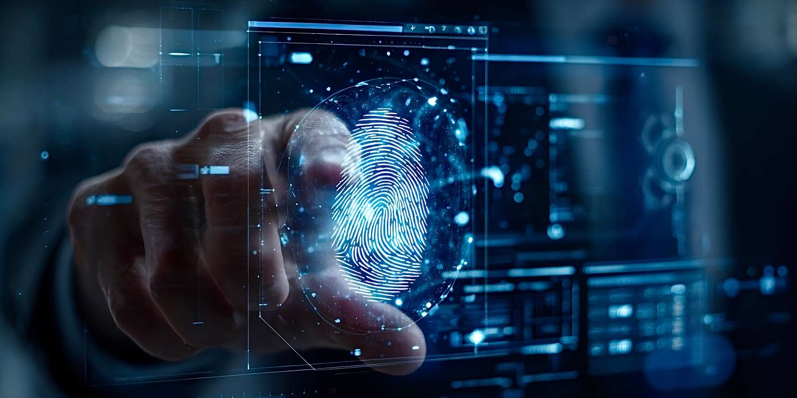 A finger touching a glowing digital fingerprint scanner on a transparent screen representing cybersecurity biometric data identification and identity verification