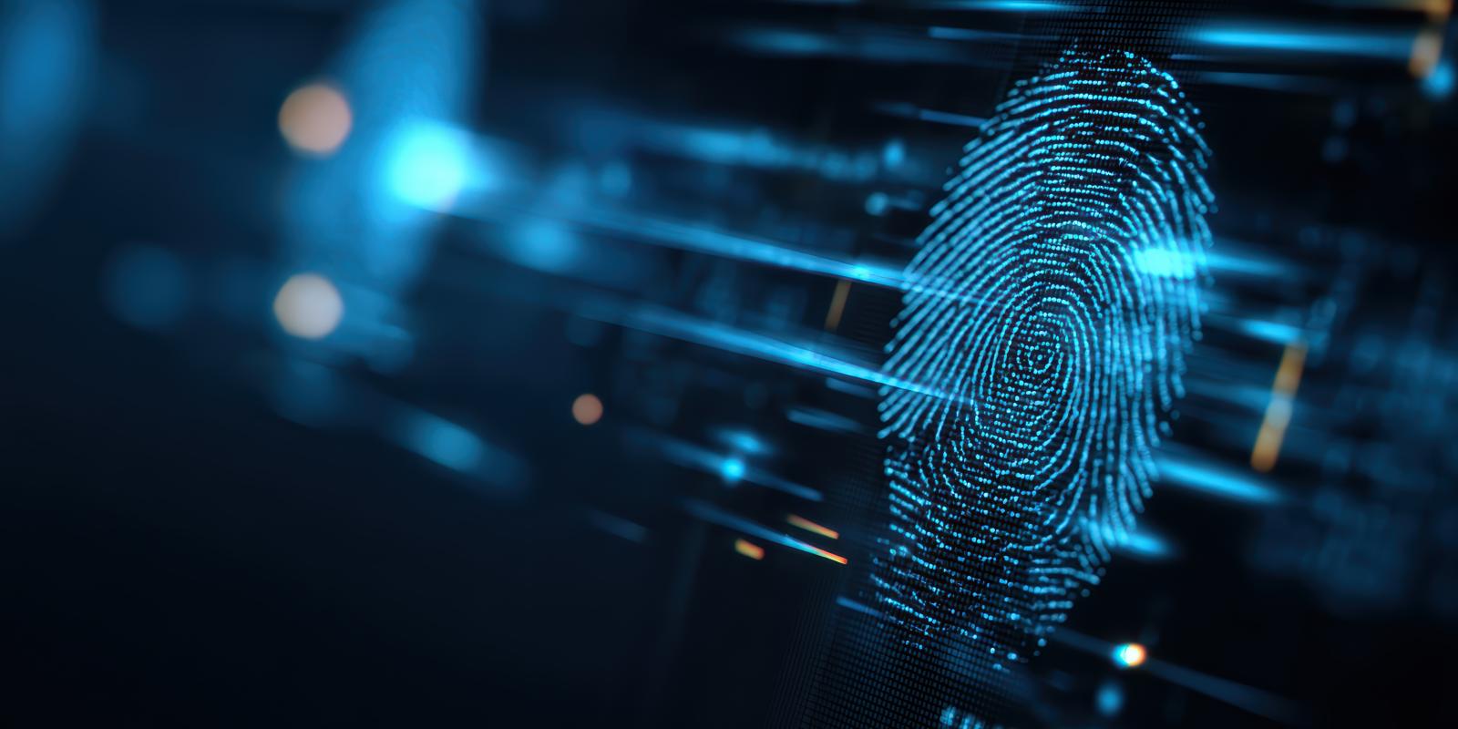 A glowing blue digital fingerprint on a circuit background representing cybersecurity biometric quick scan