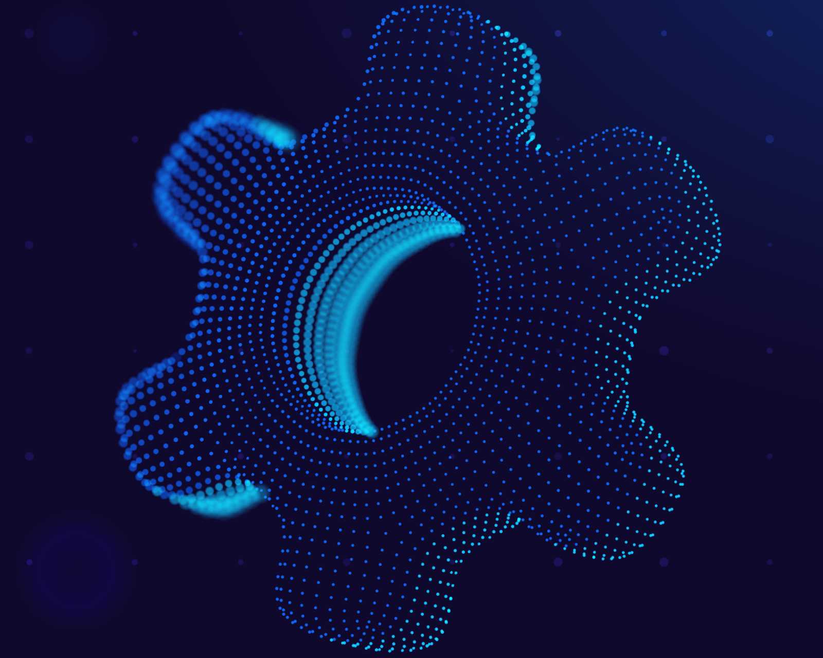A glowing blue digital gear made of particles on a dark background, representing automated cybersecurity processes and technical tools.