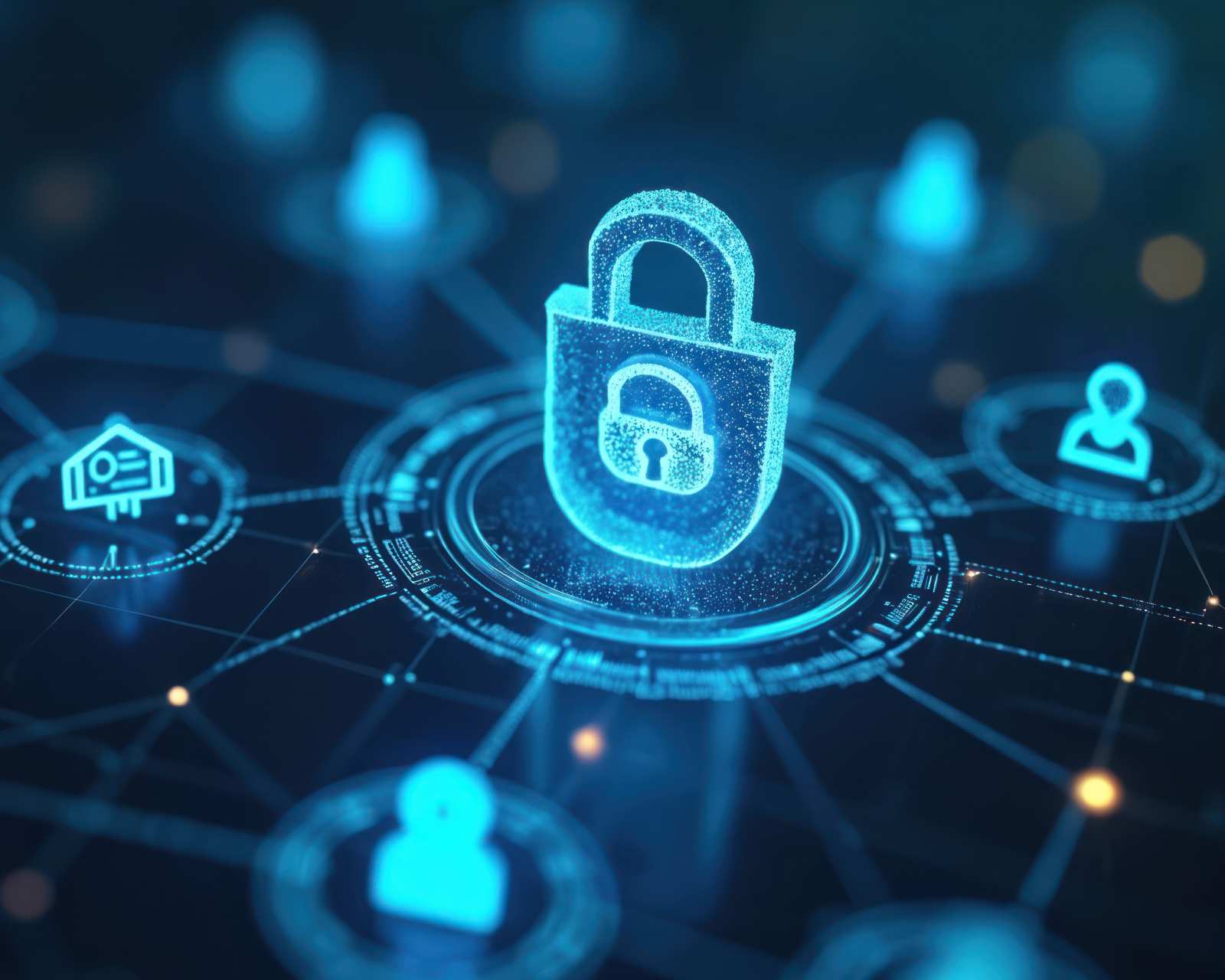 A glowing blue digital padlock at the center of an interconnected network of user, device, and home icons, representing cybersecurity compliance