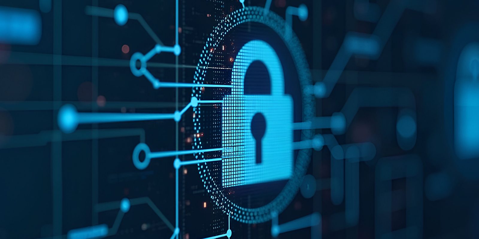 A glowing blue digital padlock centered on a circuit board with radiating connection lines, representing cybersecurity encryption, secure infrastructure