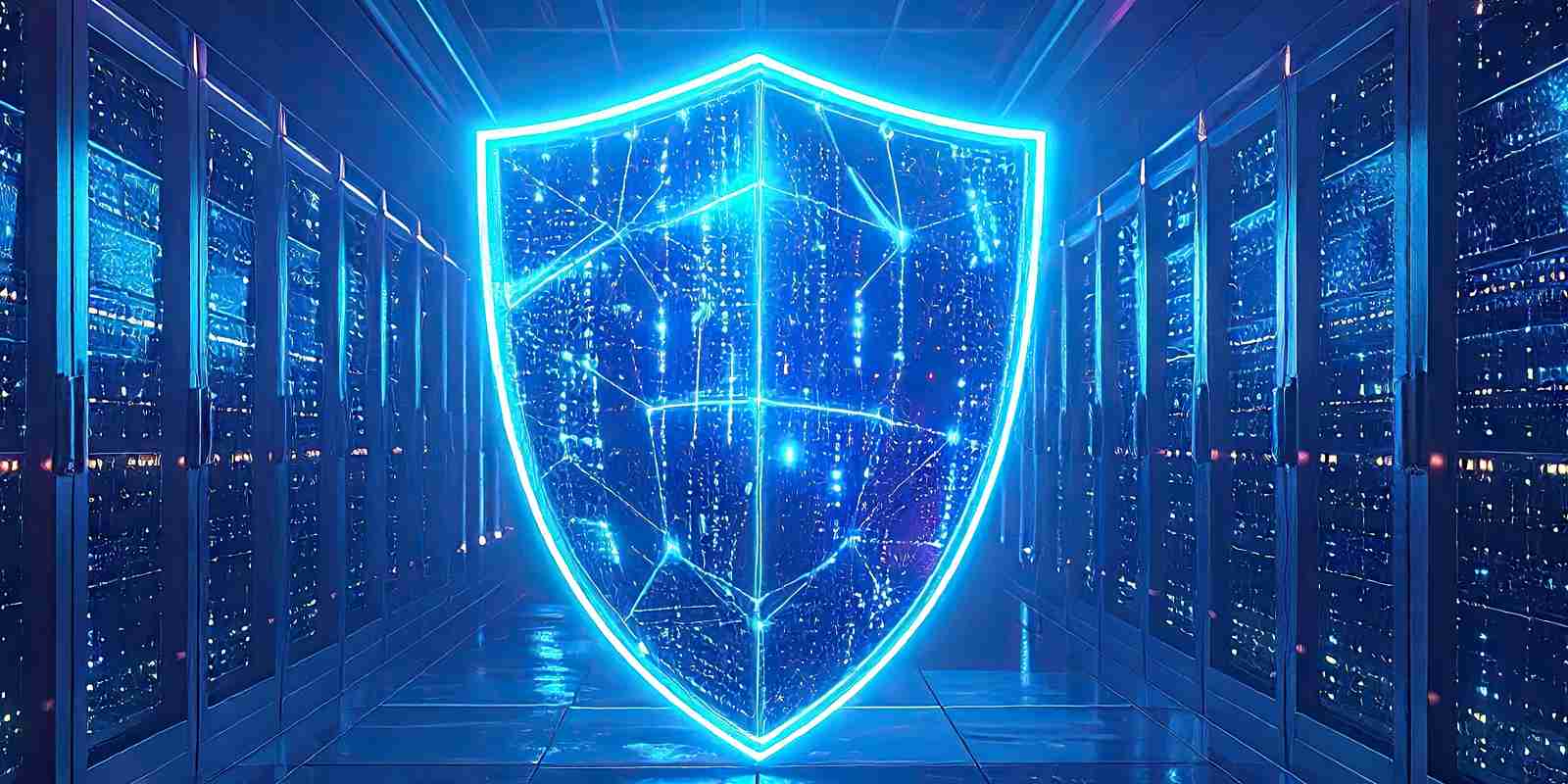 A glowing blue digital shield standing in a server room corridor, symbolizing cybersecurity protection and infrastructure security compliance auditing