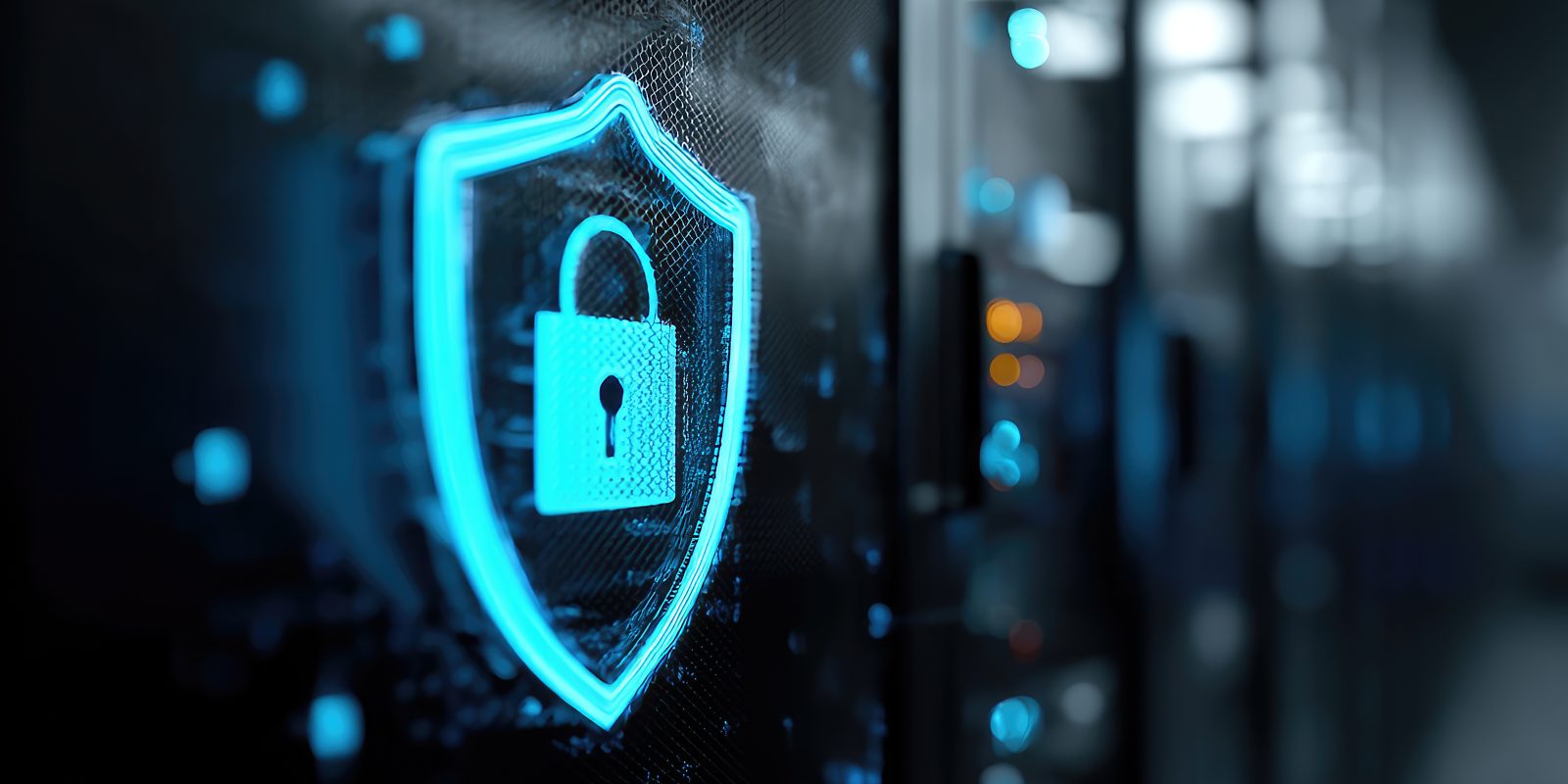 A glowing blue shield with a padlock icon displayed in a server room, representing cybersecurity compliance and data center infrastructure protection