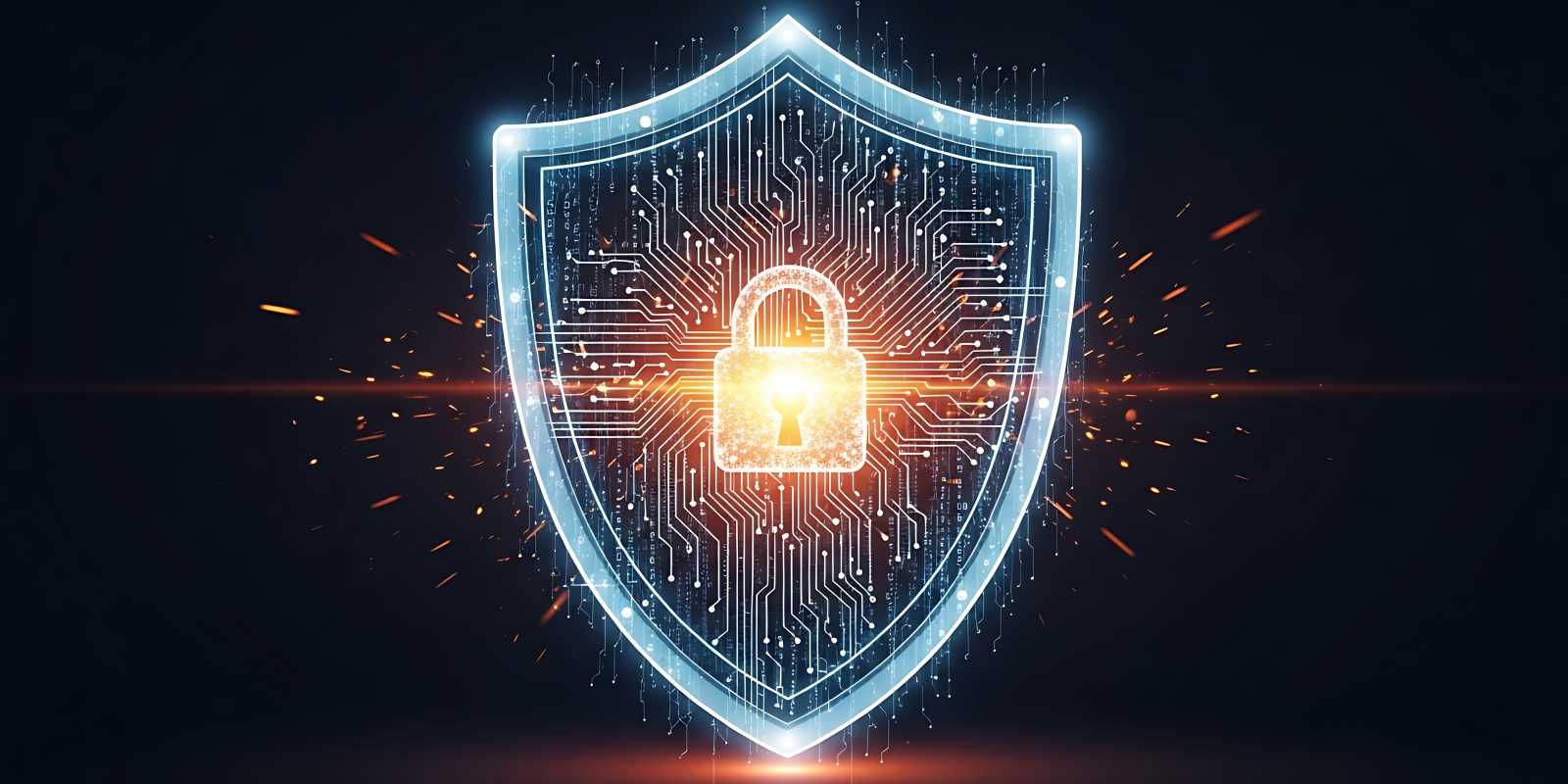 A glowing circuit shield with a radiant padlock at its core and fiery sparks representing robust cybersecurity protection and defense