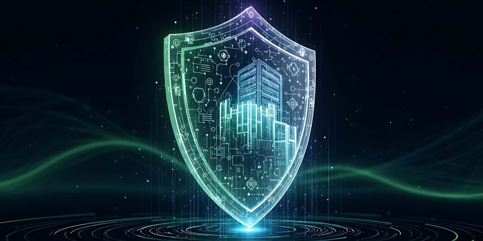 A glowing digital shield encasing a secure server building, symbolizing comprehensive cybersecurity compliance protection