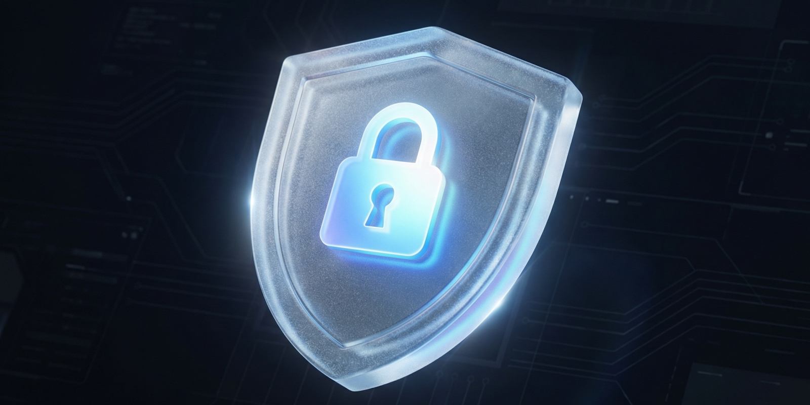 A glowing digital shield with a lock icon on a dark circuit board background, symbolizing CMMC Level 2 cybersecurity protection and compliance