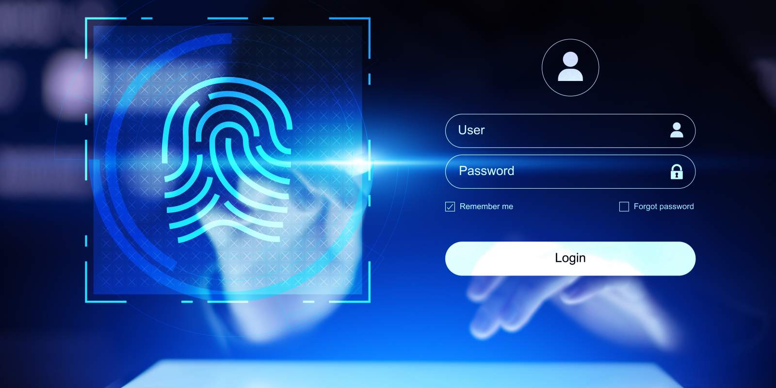 A glowing fingerprint scan alongside a digital login interface, representing biometric authentication and cybersecurity access control