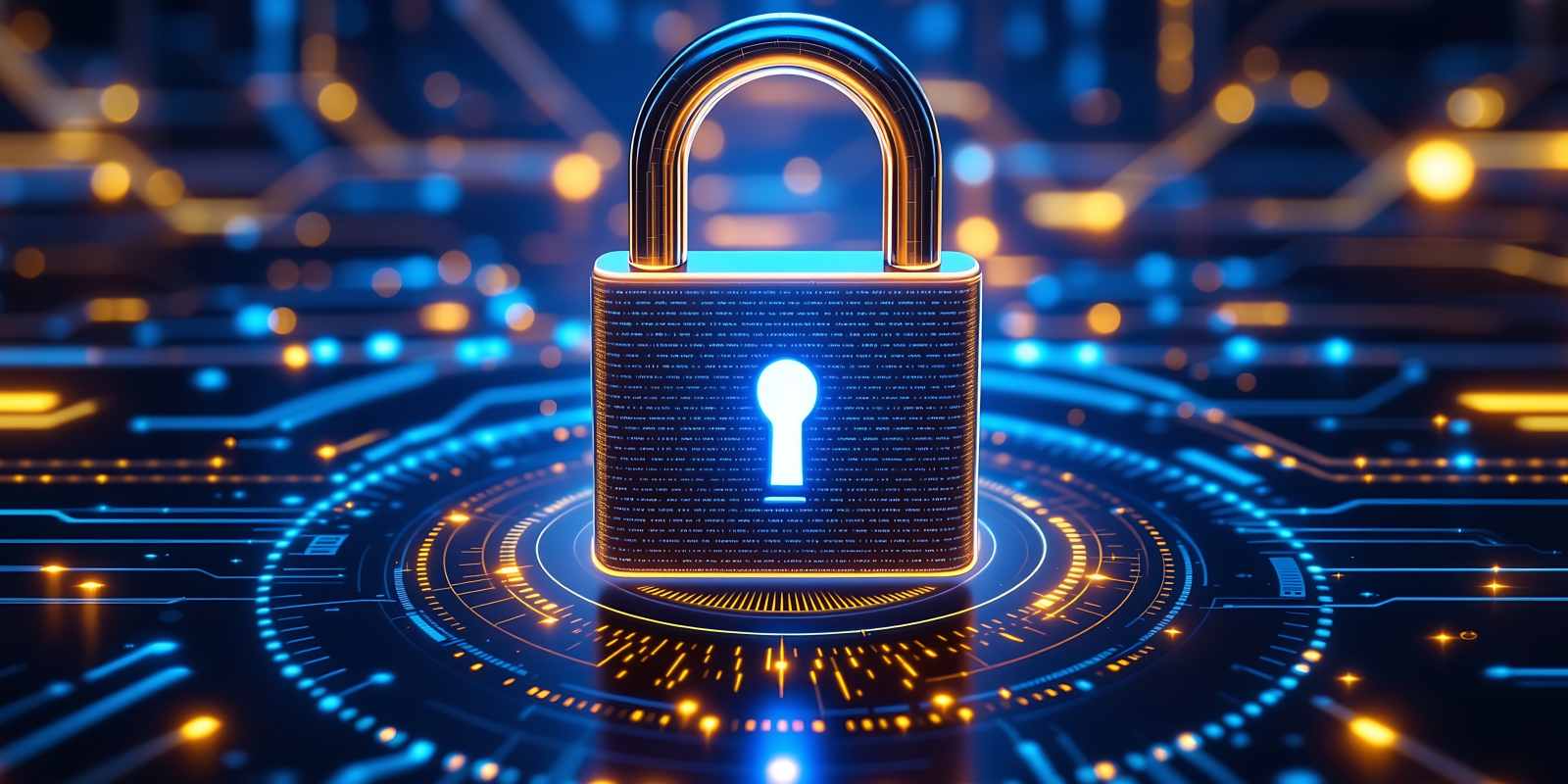 A glowing gold and blue digital padlock on a circuit board representing advanced cybersecurity solutions and data protection