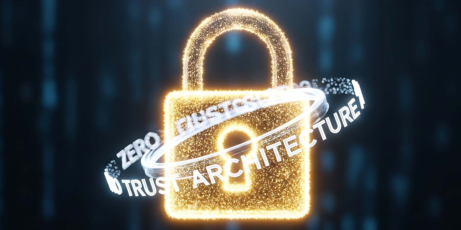 A glowing golden padlock on a pedestal with Zero Trust Architecture text
