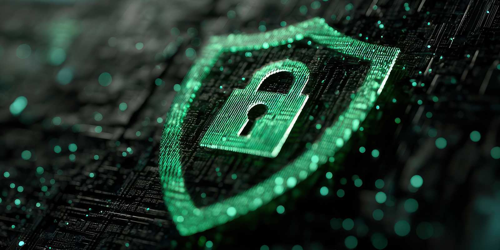 A glowing green digital shield with a padlock icon on a dark circuit board background, symbolizing cybersecurity compliance