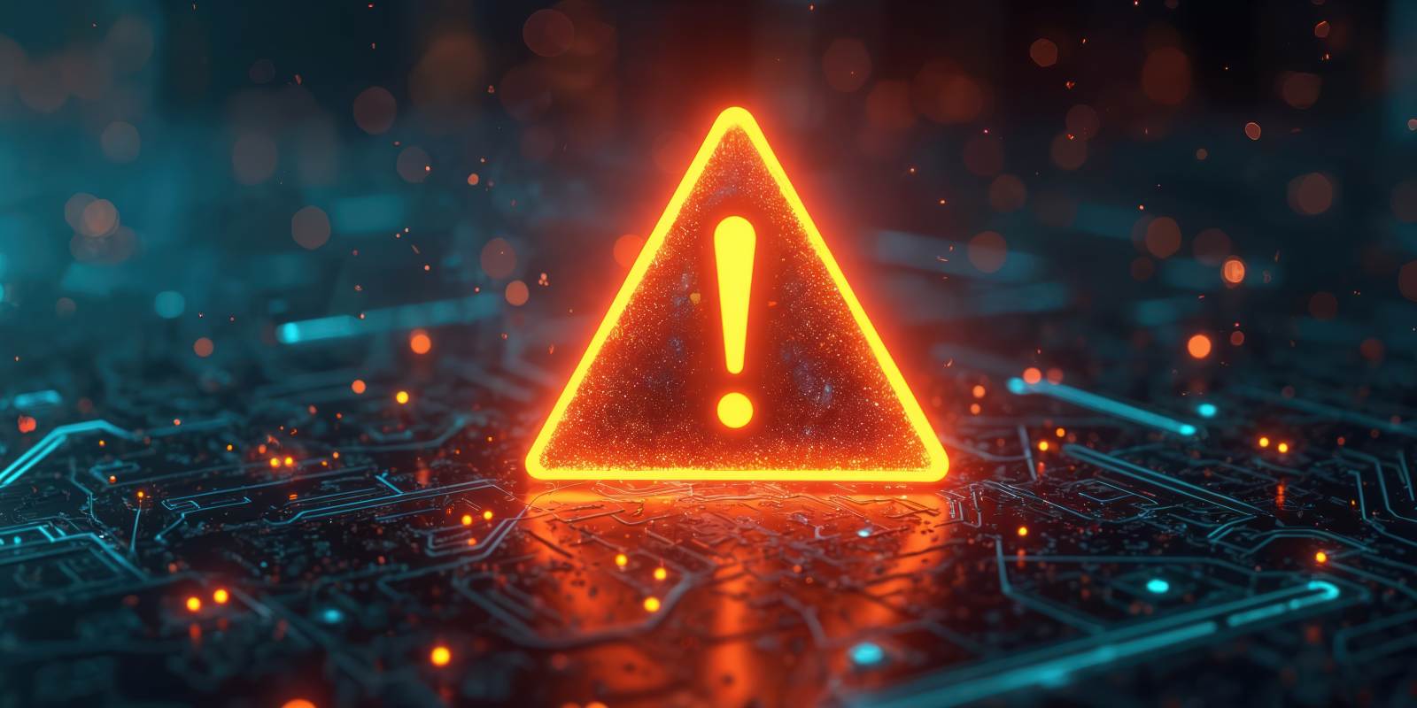 A glowing orange warning triangle on a digital circuit board, symbolizing a cybersecurity threat alert