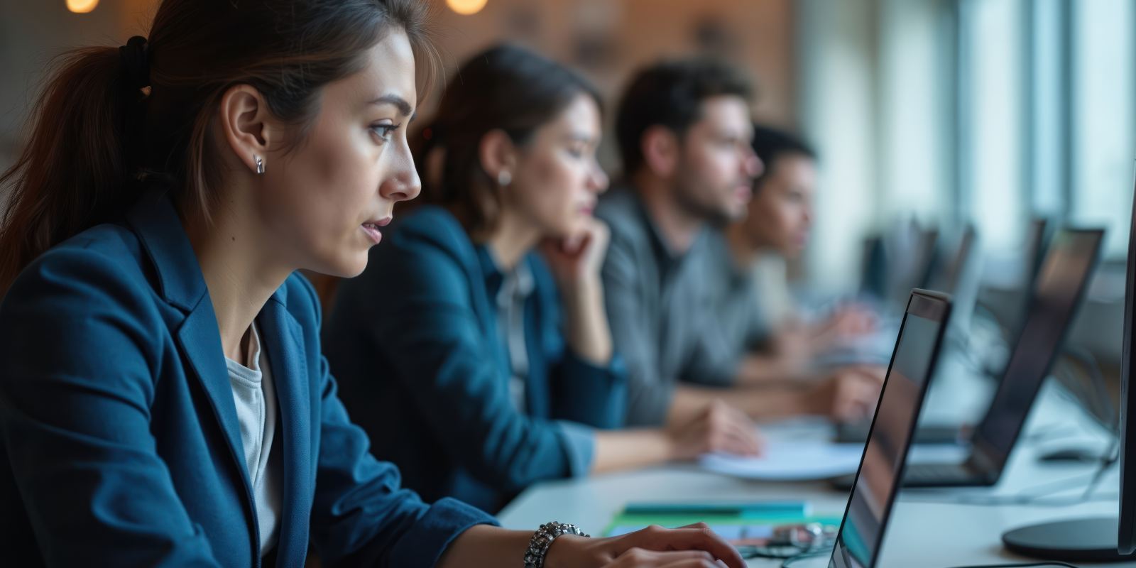 A group of professionals focused on laptops in a training session representing cybersecurity education and workforce development