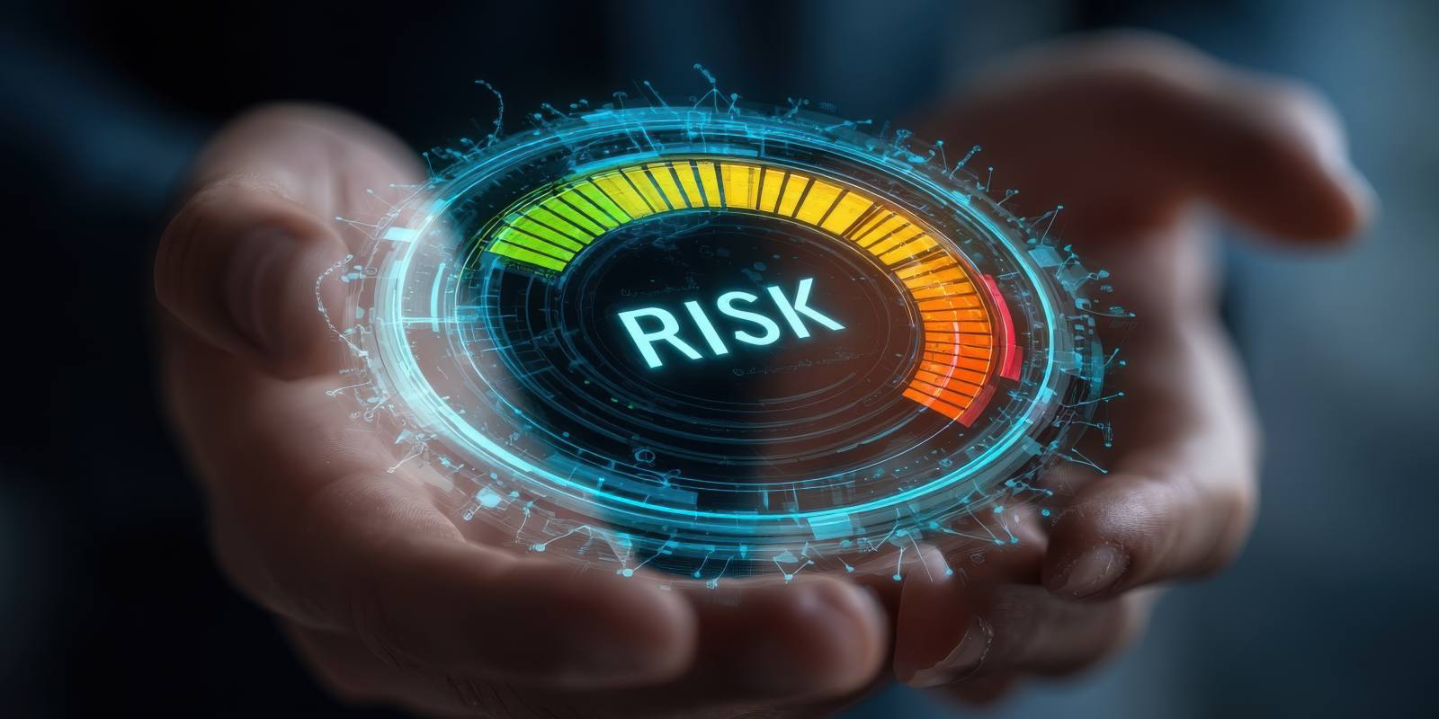 A hand holding a glowing digital risk meter gauge representing cybersecurity risk assessment and threat level management