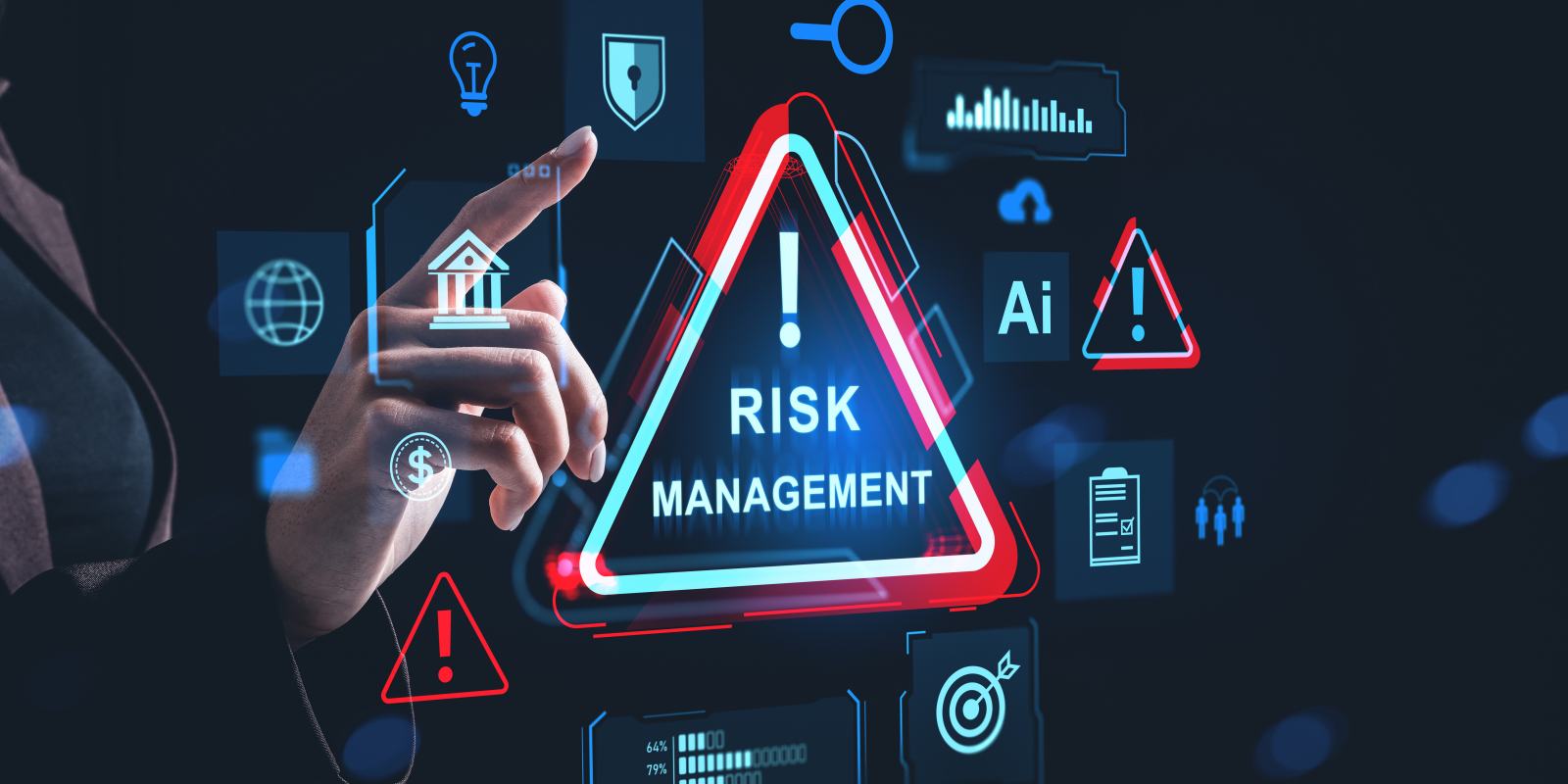 A hand pointing at a glowing Risk Management warning triangle surrounded by security and technology