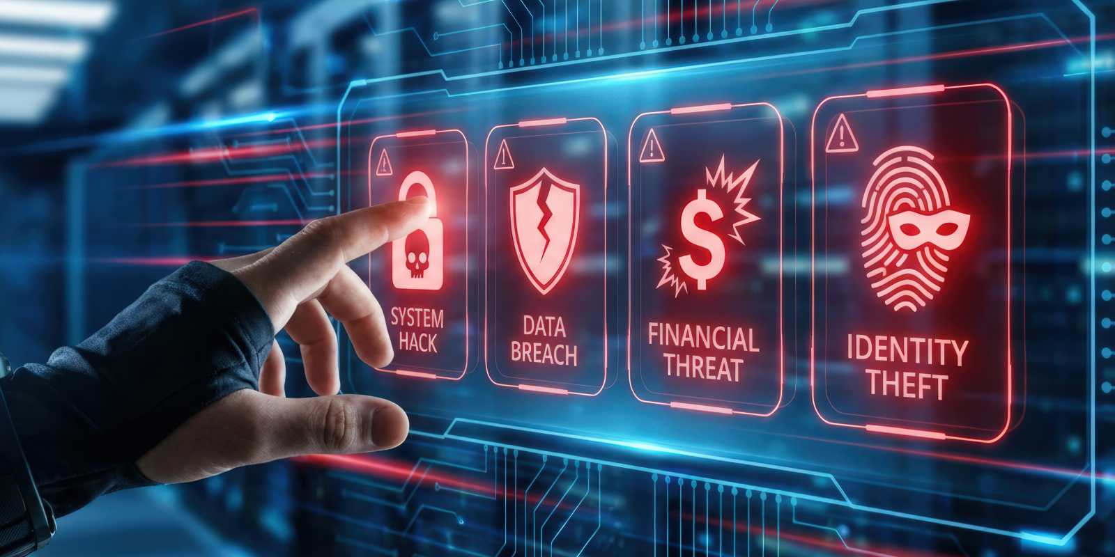 A hand pointing at digital threat panels displaying system hack data breach financial threat and identity theft representing cybersecurity vulnerability management