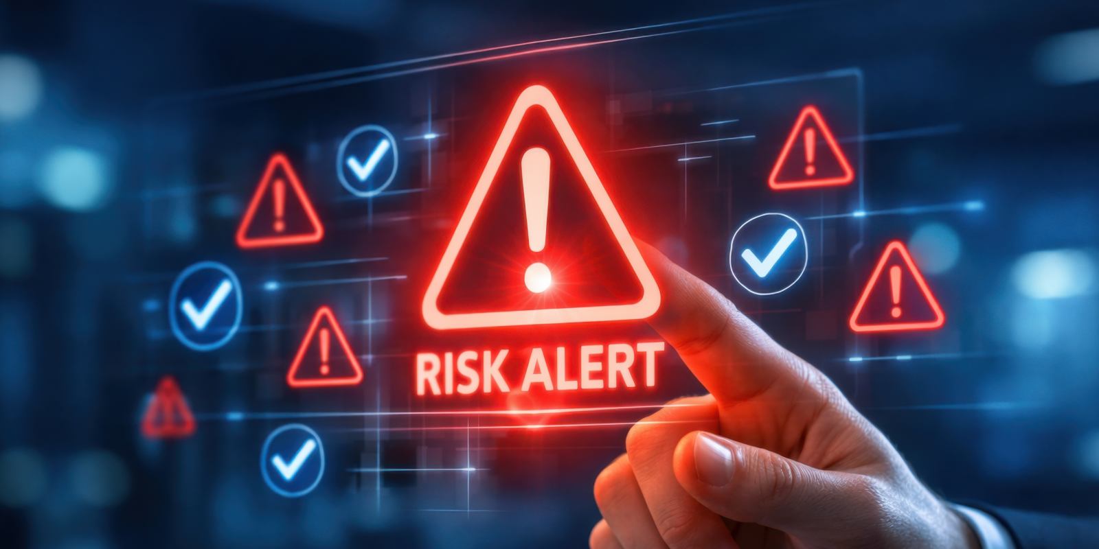 A hand tapping a glowing red 'Risk Alert' warning triangle surrounded by threat icons, representing cybersecurity risk management and threat detectio