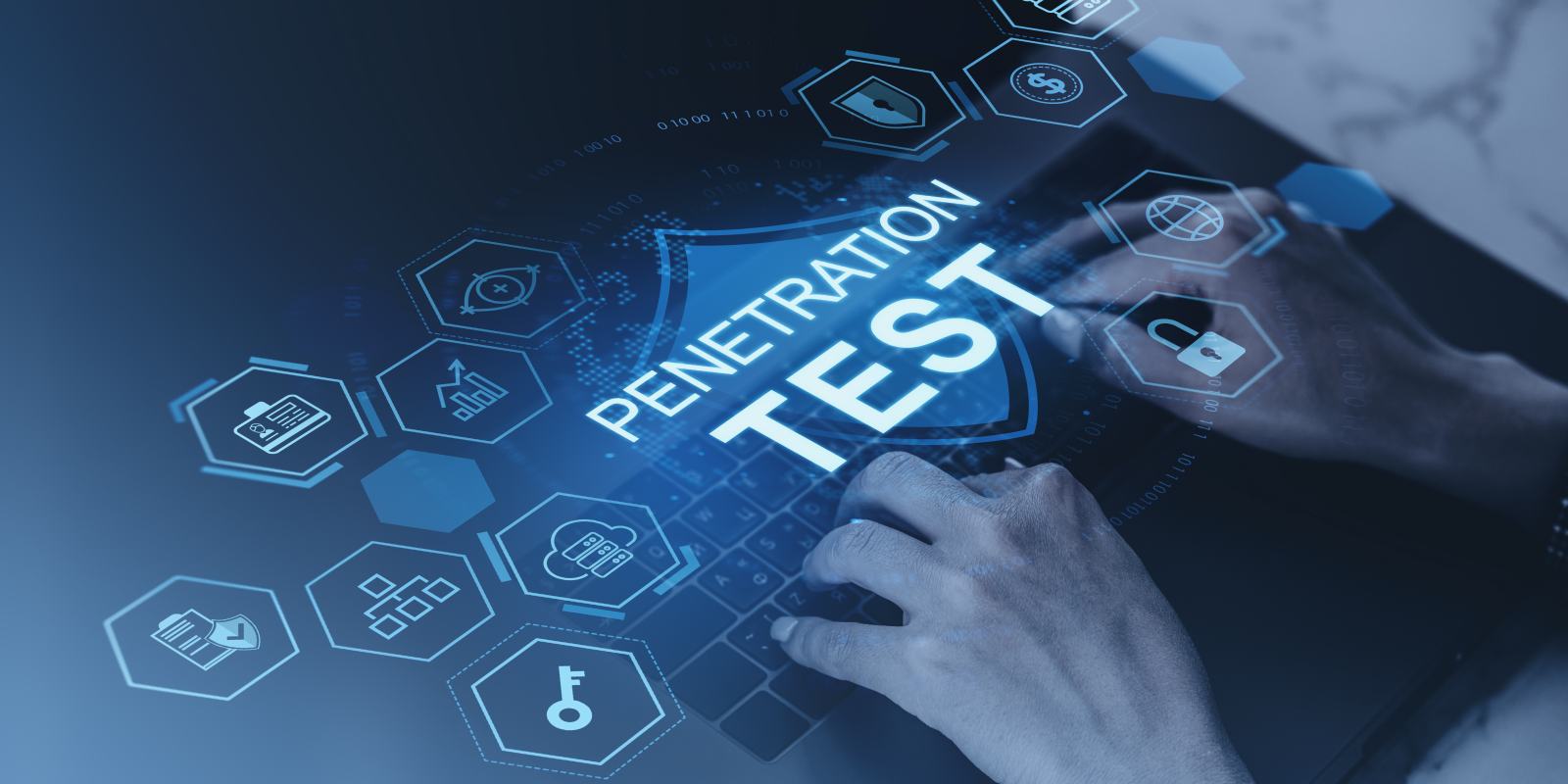 A hand touching a glowing Penetration Test button in a digital server environment.
