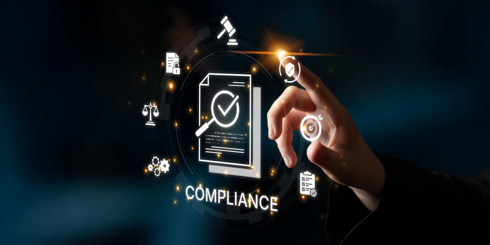 A hand touching a glowing compliance document icon surrounded by legal and regulatory symbols representing cybersecurity compliance management