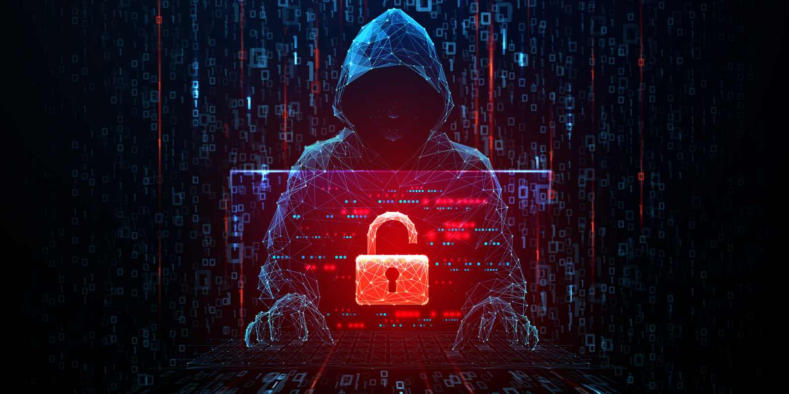 A hooded hacker figure with an open red padlock surrounded by falling binary code representing cybersecurity threats and cyber engineering defense
