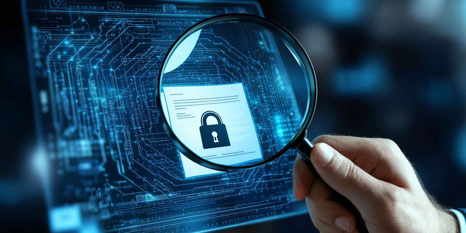 A magnifying glass examining a secured digital document with a padlock icon on a circuit board background representing cybersecurity gap analysis