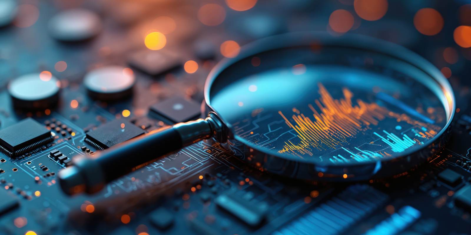 A magnifying glass examining data analytics charts on a dark circuit board representing cybersecurity audit analysis