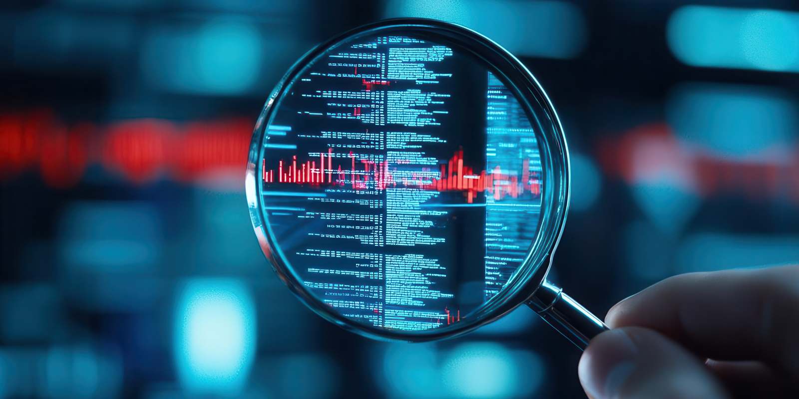 A magnifying glass examining glowing lines of code and red anomaly graphs on a digital screen, representing cybersecurity compliance auditing and threat analysis