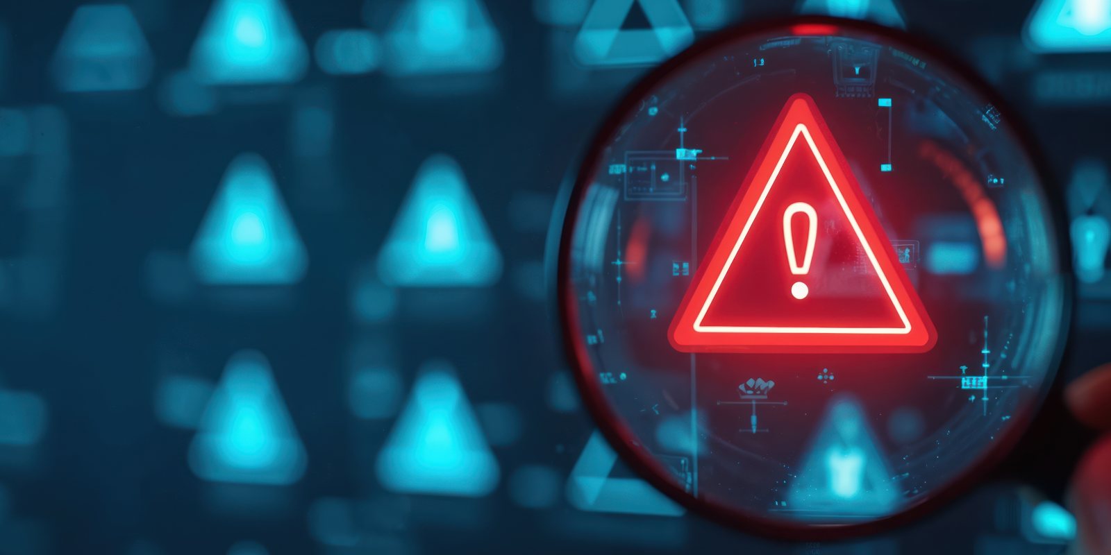 A magnifying glass focusing on a glowing red warning alert triangle surrounded by multiple alert icons representing cybersecurity audit threat detection